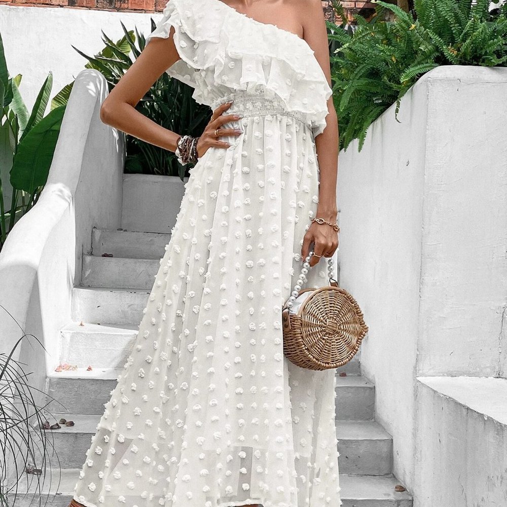 White Boho Womens Swiss Dot One Shoulder Ruffle Trim Dress - Picture 2 of 5